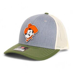 OSU Cowboys Pistol Pete Snapback Trucker Hat- Heather Grey/ Birch/ Army Olive